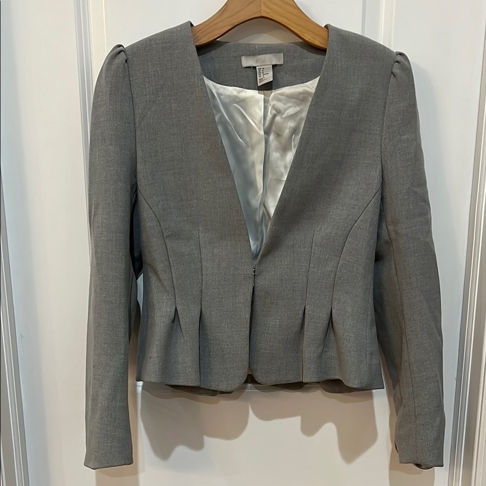 Gray Tailored Blazer with Peplum Waist and Deep V-Neckline